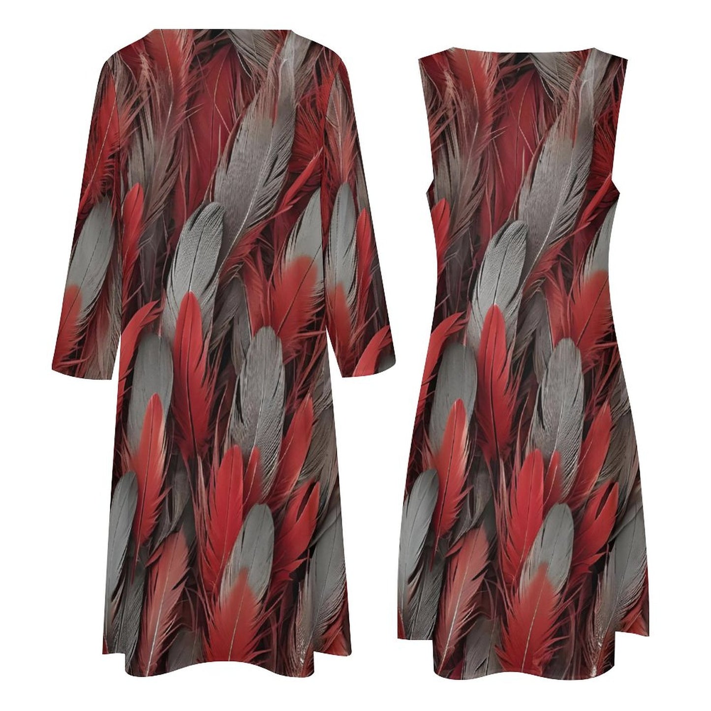 Red and Grey Feather on Long Dress Set