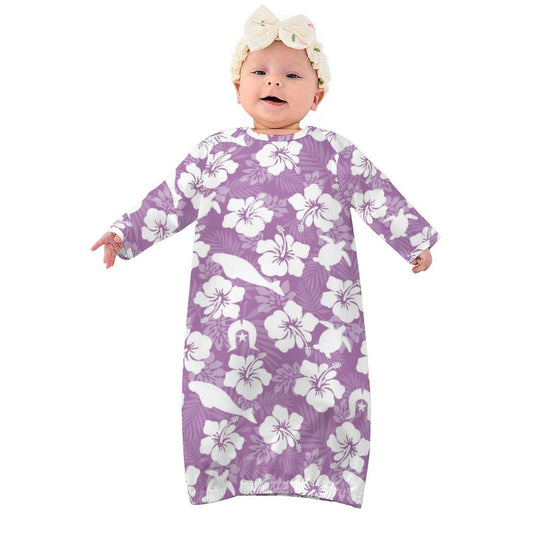 White Hibiscus flowers with Dugong, Turtle and Dhari on  Baby Faux Cotton Sleeper Gown