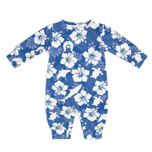 White hibiscus flowers with Dhari, Shark, turtle, and stingray on Baby Romper