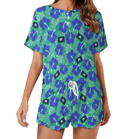 Hibiscus flowers with Torres Strait Flag on Short Sleeve Loungewear Set