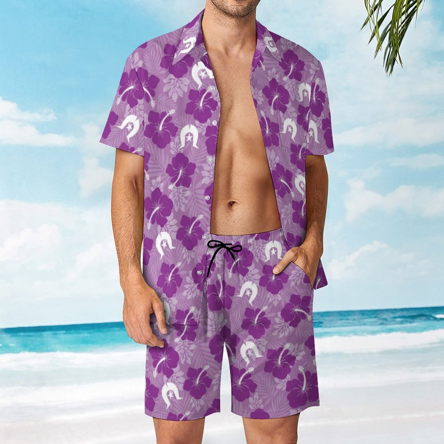 Hibiscus flowers with White Dhari (Royal purple) on Hawaiian Suits for Men