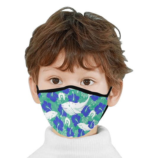 Royal Blue Hibiscus flowers with Whale, Dolphin and Dhari on  Fabric facemask (30 PCS Filters Included)
