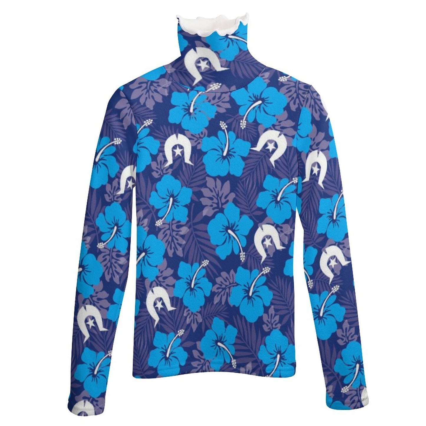 Hibiscus flowers with White Dhari (Royal blue) on Women Long Sleeve Turtleneck Sweater