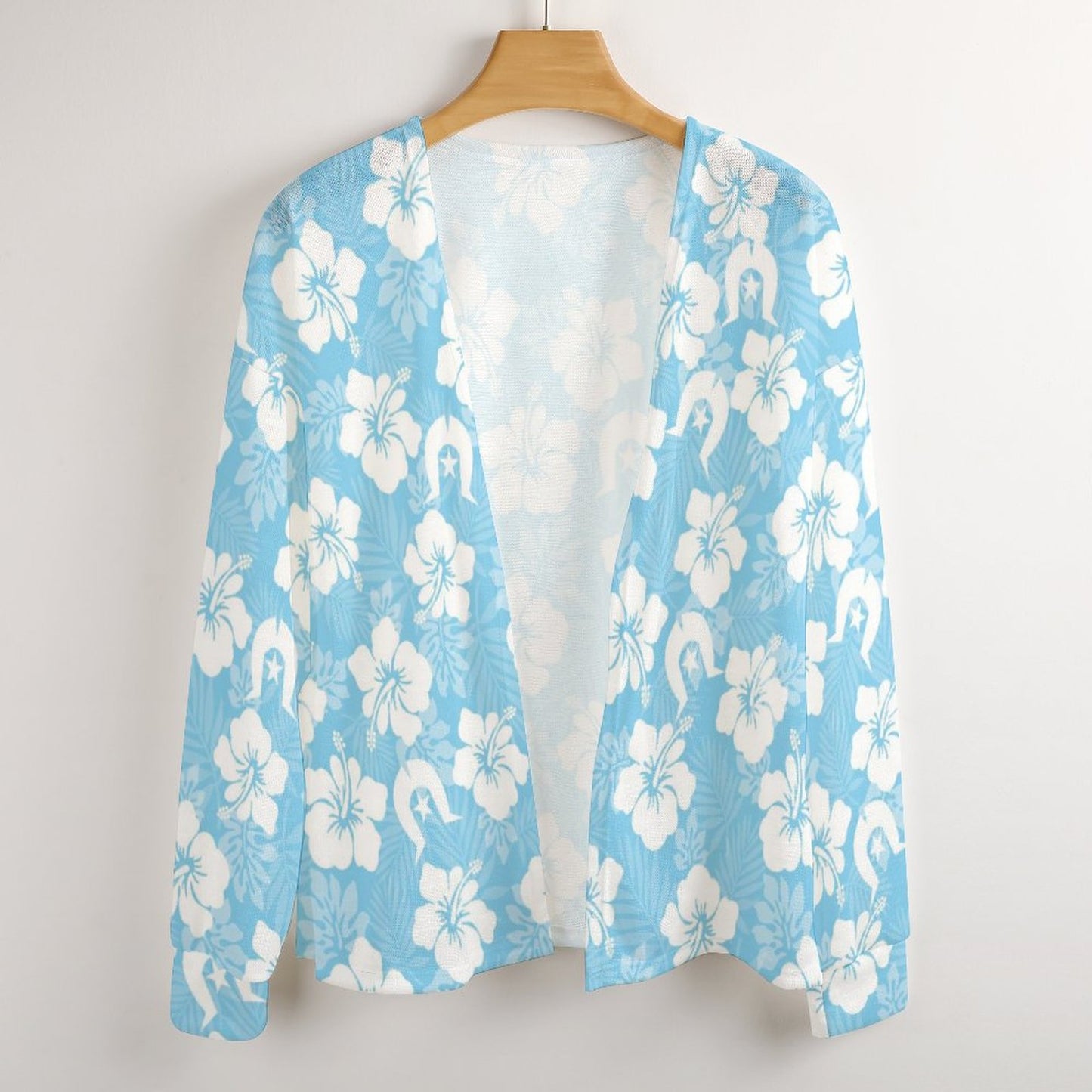 White Hibiscus and Dhari (blue) on Long Sleeve Drop Shoulder Open Shirt