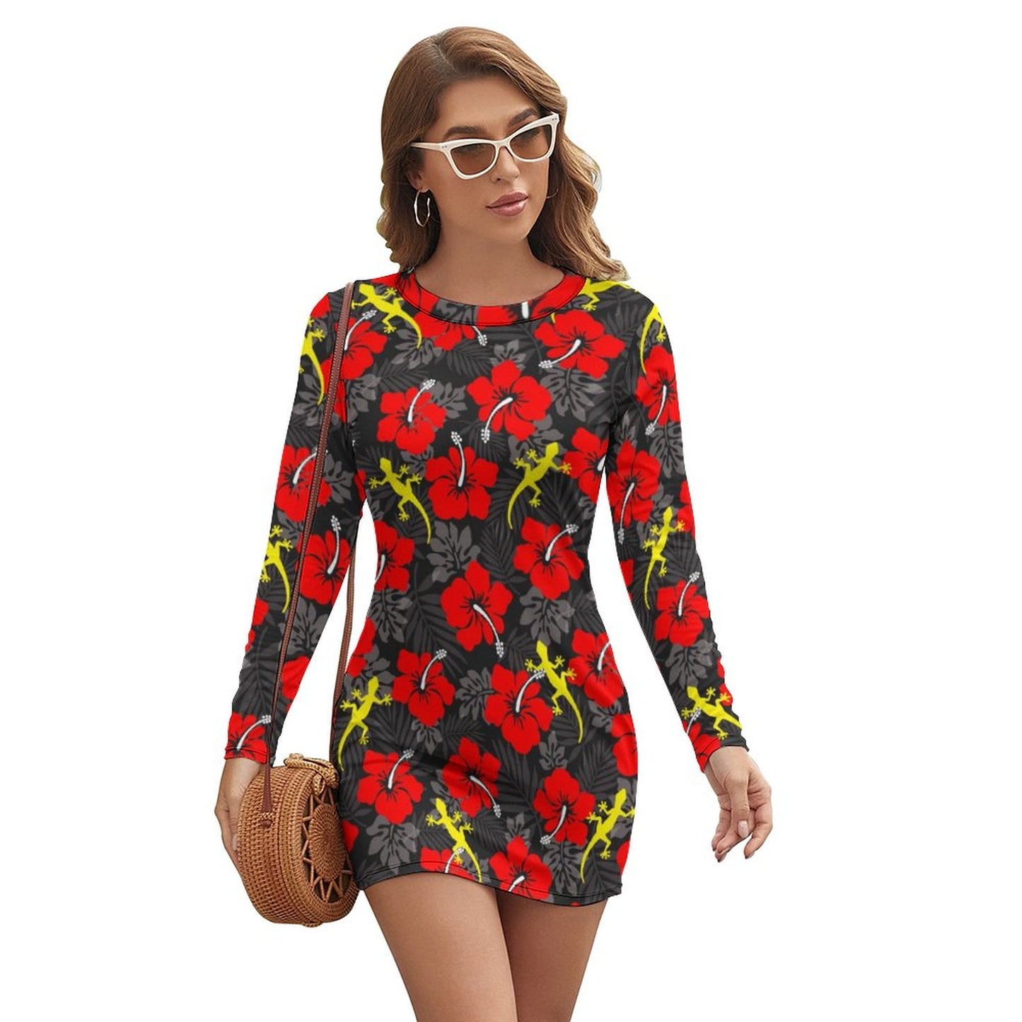 Royal Red Hibiscus flowers with Gecko on Long Sleeve Dress