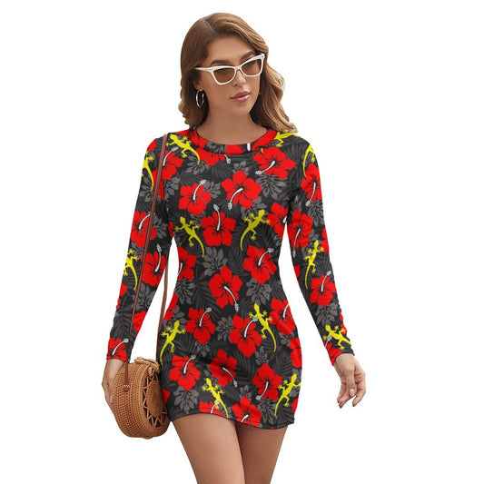 Royal Red Hibiscus flowers with Gecko on Long Sleeve Dress