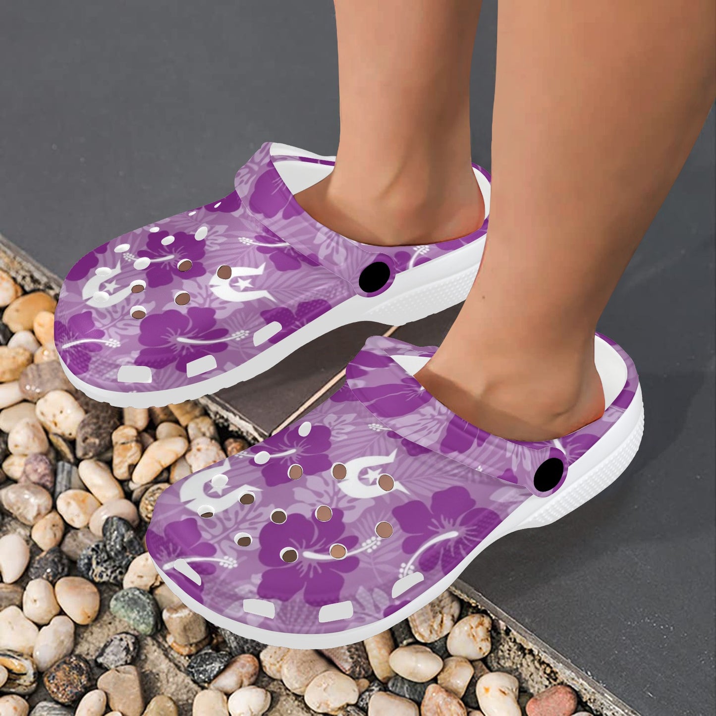 Hibiscus flowers with Dhari (Royal purple) on Adults Clogs