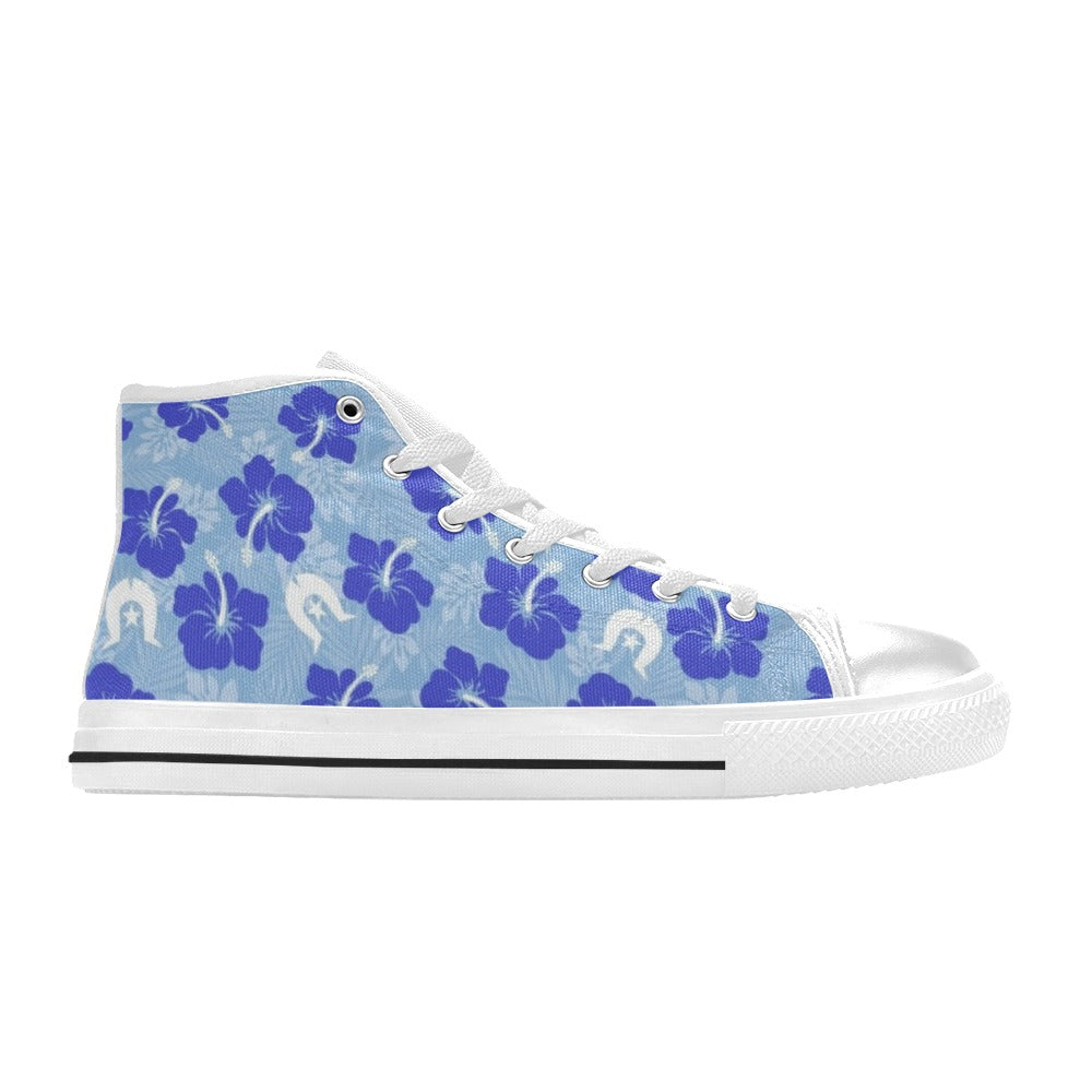 Hibiscus flowers with White Dhari (Sky blue) on Women's High Top Canvas Shoes