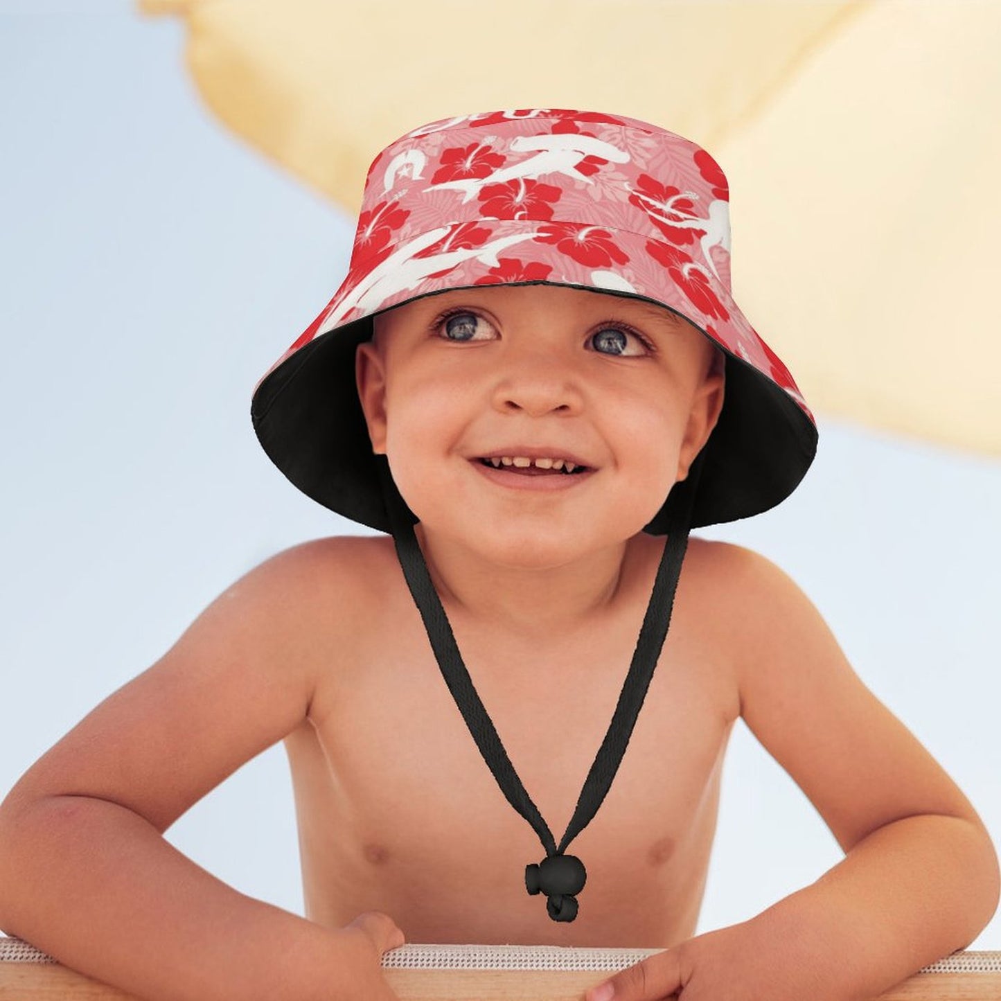 Red Hibiscus with Shark, Octopus and Dhari on Kid's Bucket Hat