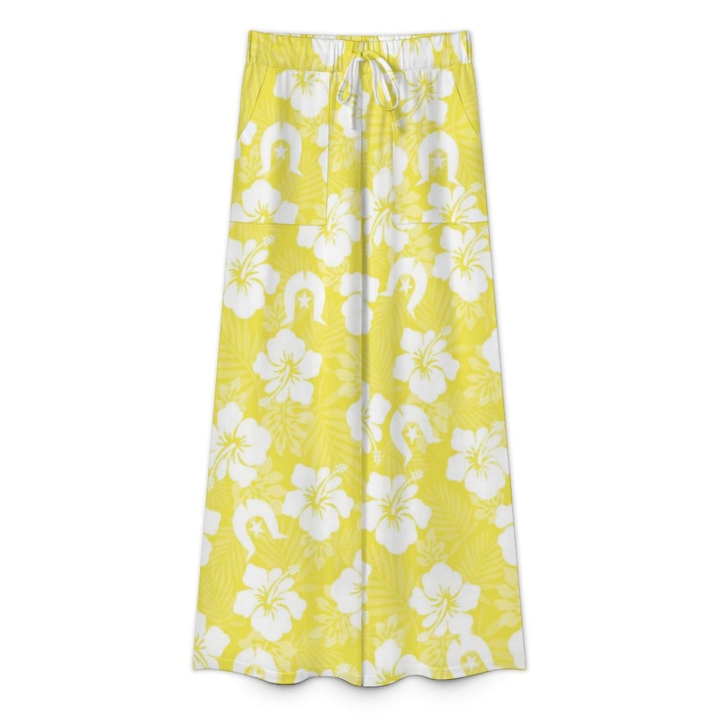 White Hibiscus flowers with Dhari (Yellow) on Women’s Wide-Leg Pants