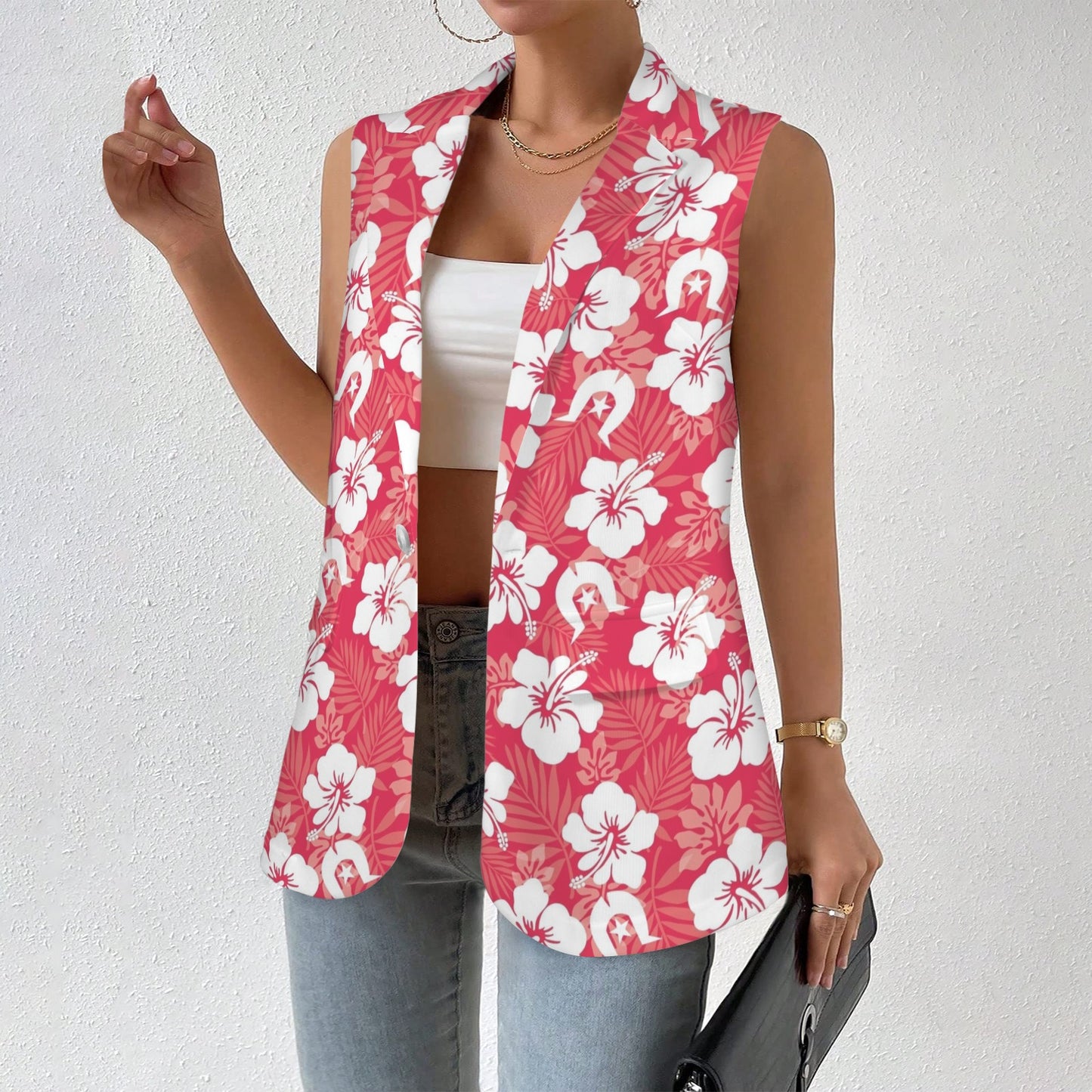 White Hibiscus flowers with Dhari (Red) on Women Sleeveless Suit Vest
