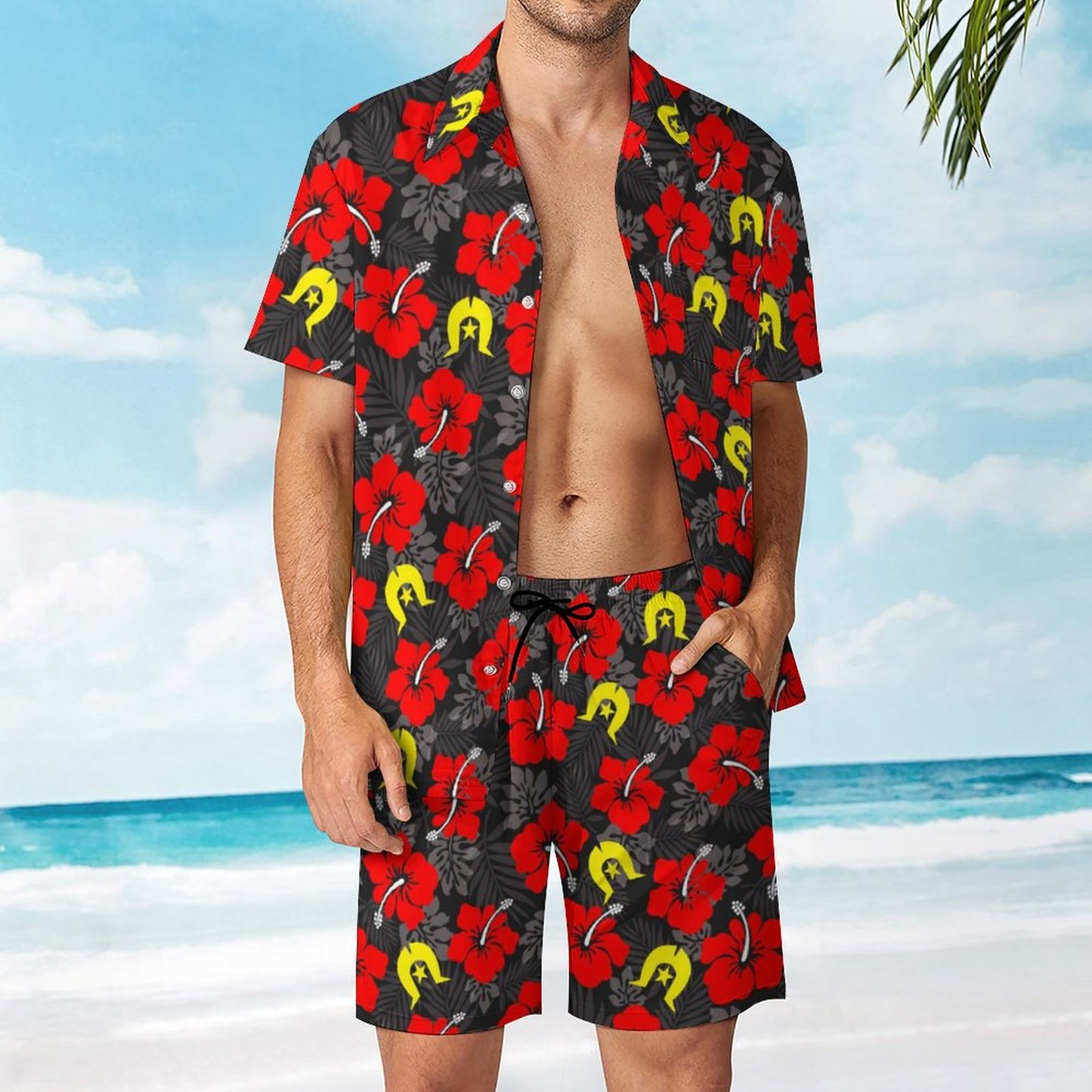 Royal Red Hibiscus with Yellow Dhari on Hawaiian Suits for Men