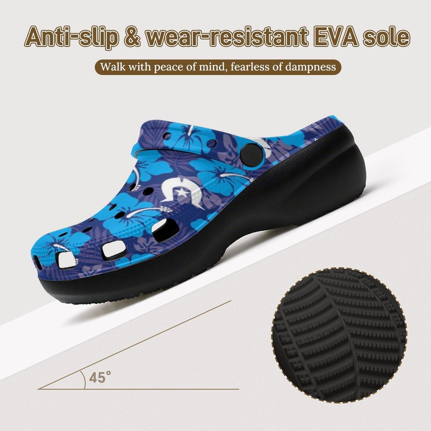 Hibiscus flowers with White Dhari (Royal blue) on Women's High-heeled Clogs