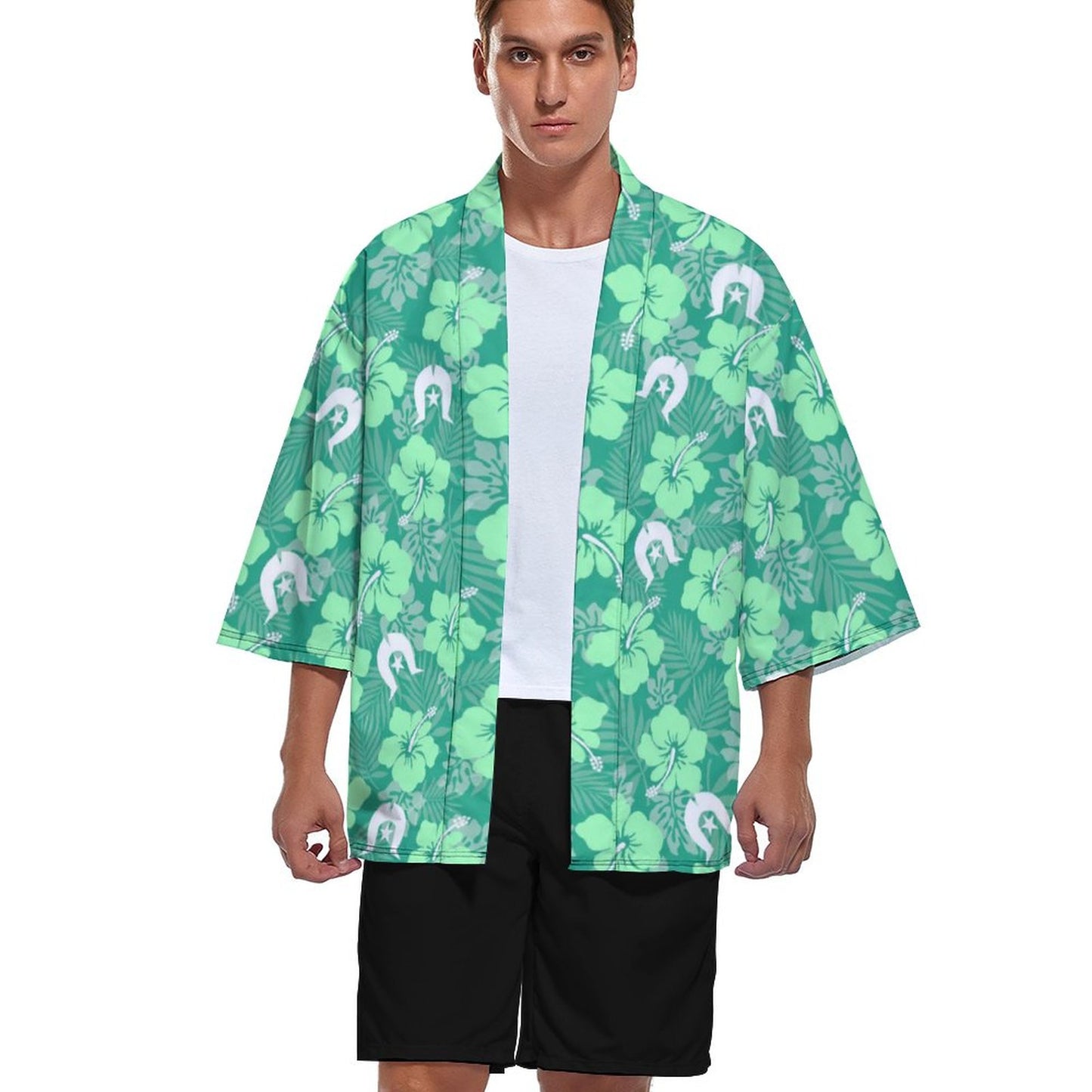 Hibiscus flowers with Dhari (Royal mint) on Drop Shoulder Male Kimono Cardigan
