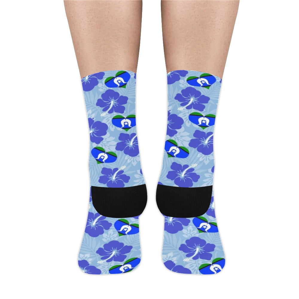 Hibiscus flowers with Torres Strait Flag (Sky Blue) on Crew Socks (Made In AUS)
