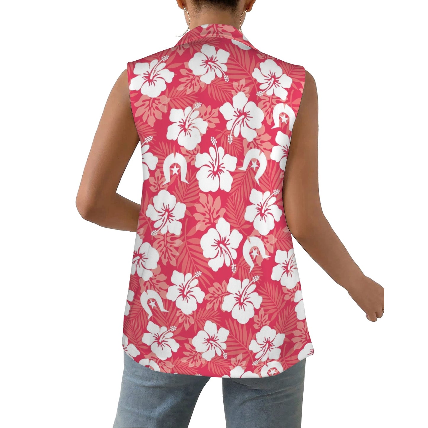 White Hibiscus flowers with Dhari (Red) on Women Sleeveless Suit Vest