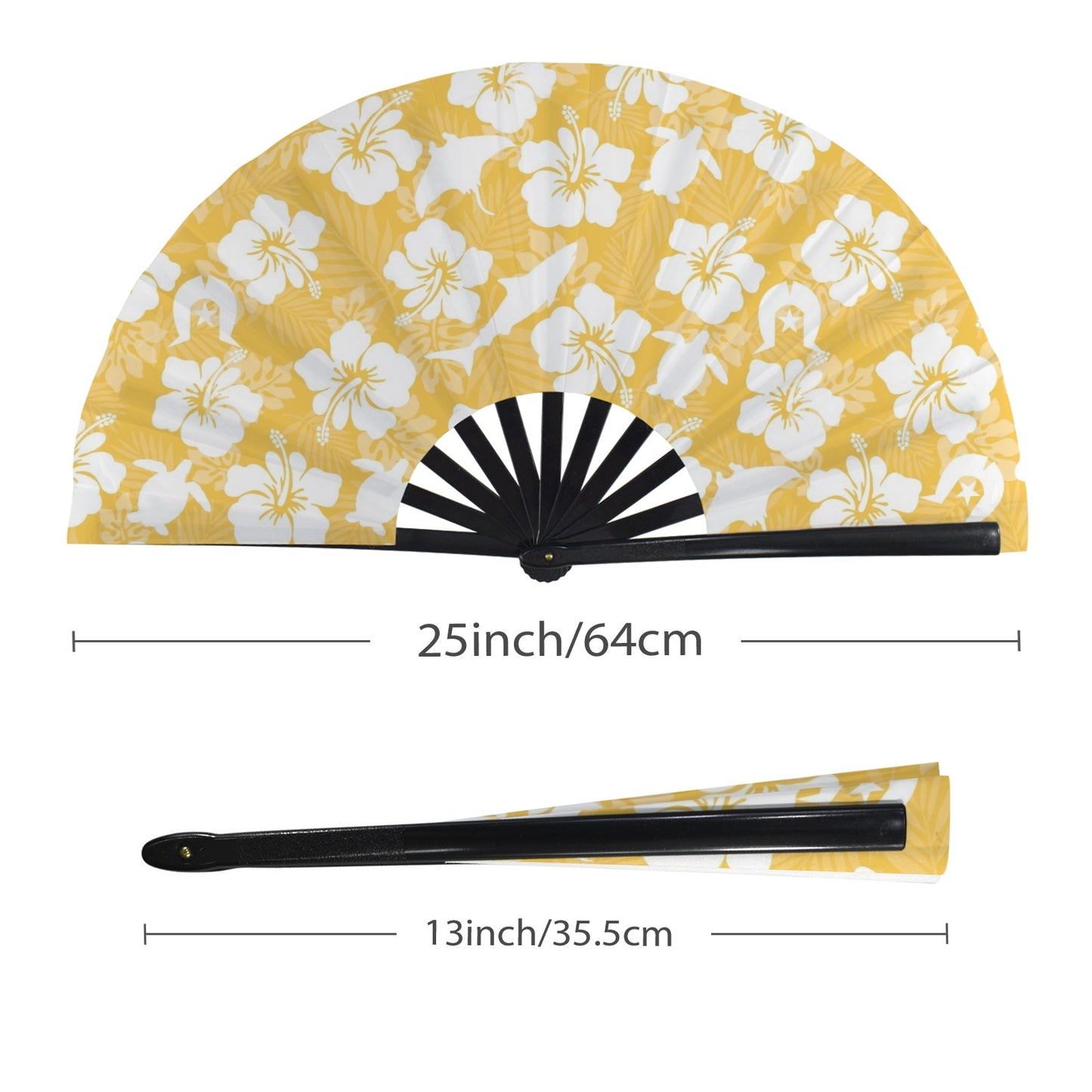 White Hibiscus flowers with Dhari (Orange) on Folding Clack Fan