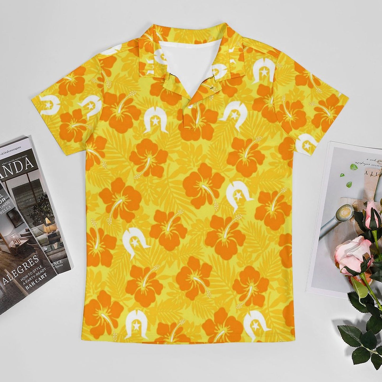 Hibiscus flowers with Dhari (Gold) on Short Sleeve Men's POLO T-shirt