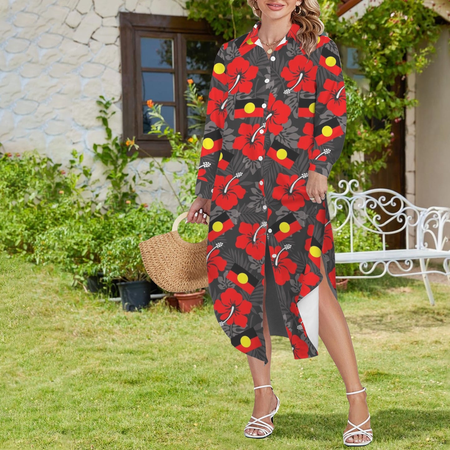 Royal Red Hibiscus flowers with Aboriginal flag on Button Long Sleeve Shirt Dress