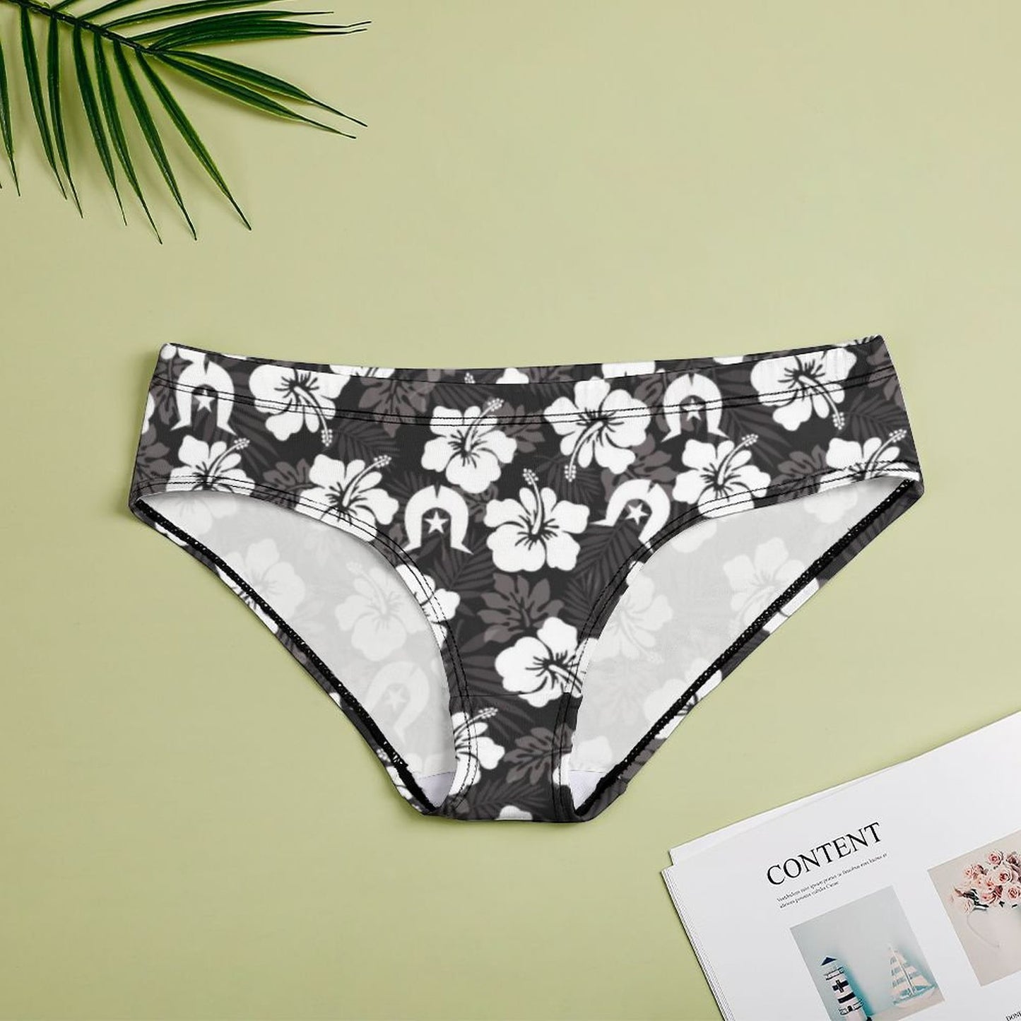 White Hibiscus and Dhari (Black) on Women's Low-Rise Panties