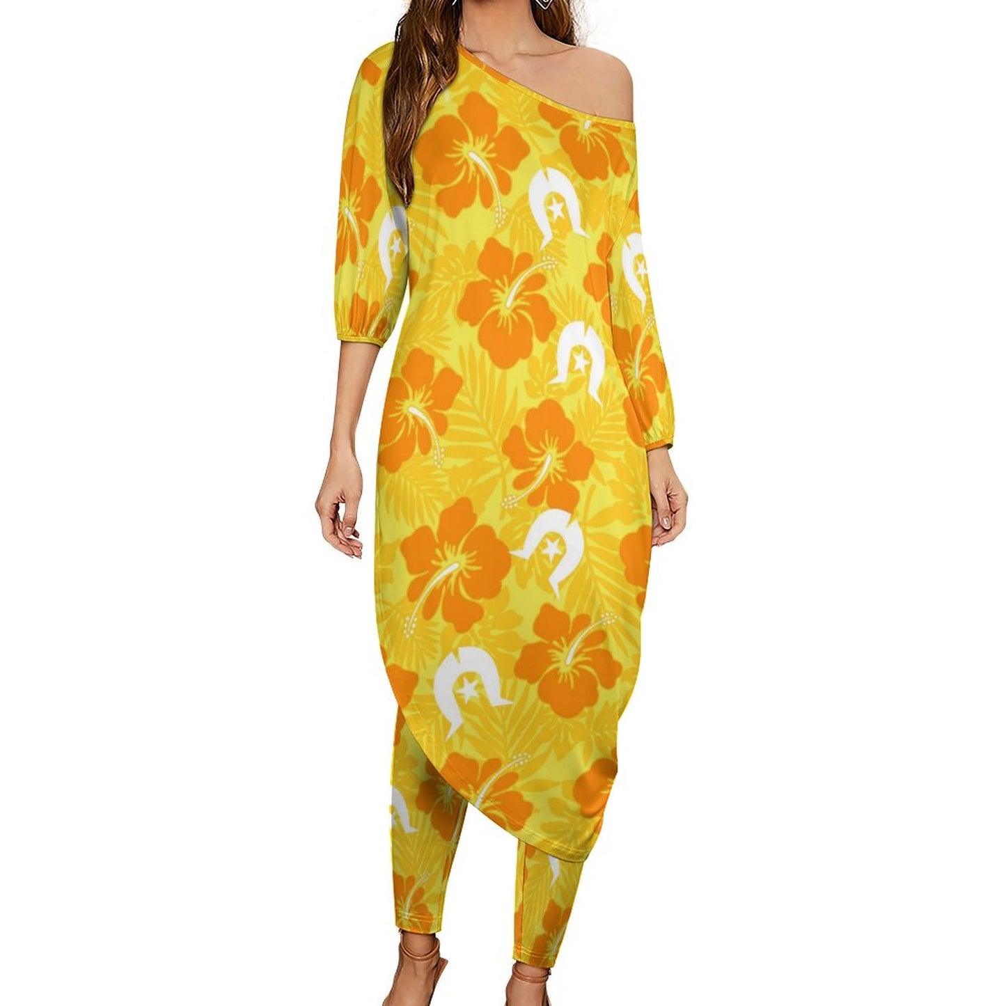 Hibiscus flowers with Dhari (Gold) on Diagonal Shoulder Two Piece Set