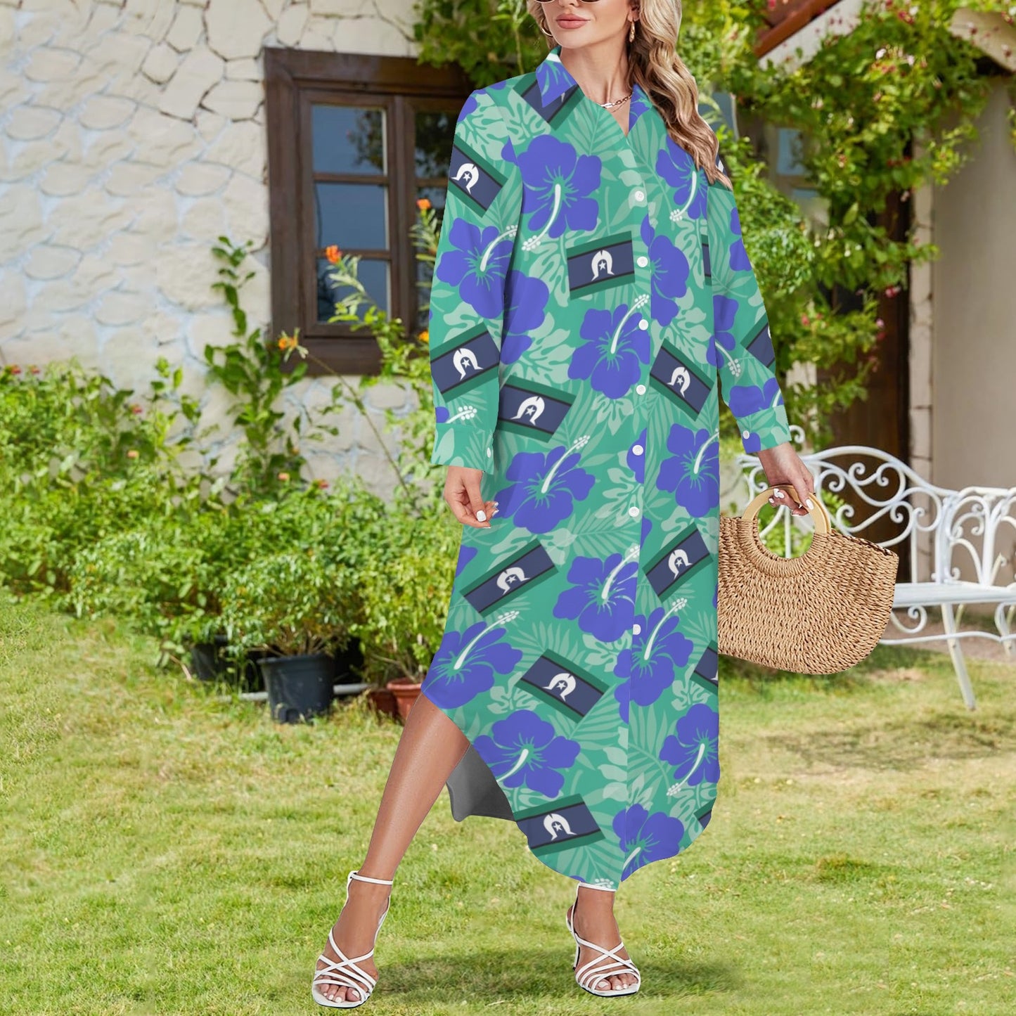 Hibiscus flowers with Torres Strait flag on Button Long Sleeve Shirt Dress