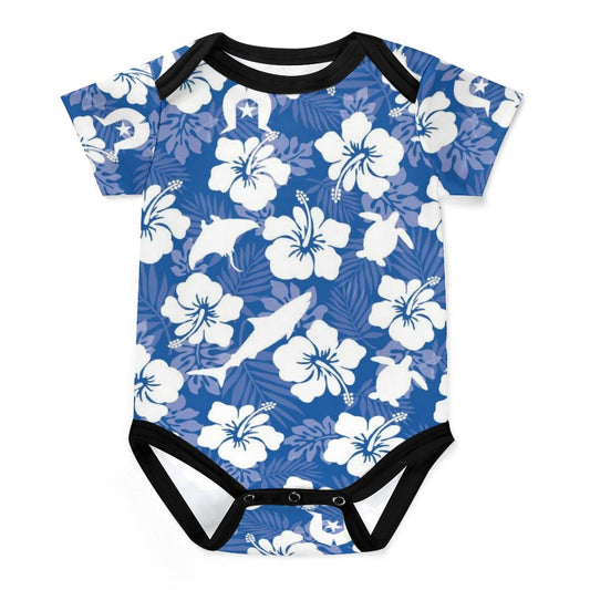 White hibiscus flowers with Dhari, Shark, turtle, and stingray on Faux Cotton Short Sleeve Baby Romper