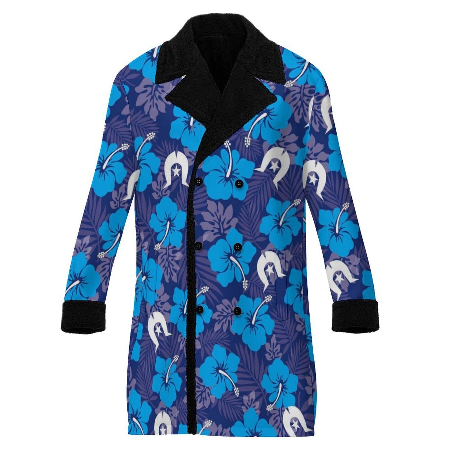 Hibiscus flowers with White Dhari (Royal blue) on Men's Double Breasted Coat