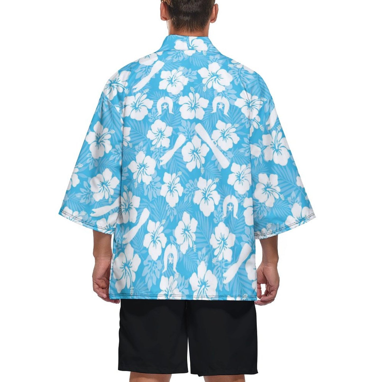 White Hibiscus flowers, Warup and Dhari on Drop Shoulder Male Kimono Cardigan