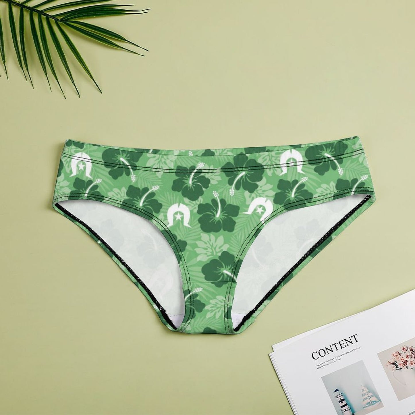 Hibiscus flowers with Dhari (Sea Grass Green) on Women's Low-Rise Panties