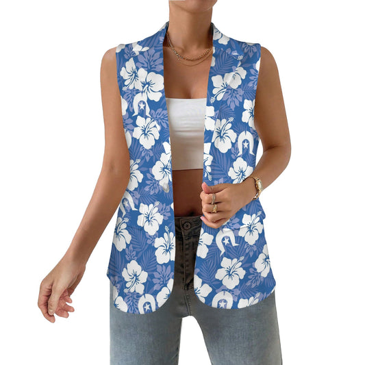White Hibiscus flowers with Dhari (Blue) on Women Sleeveless Suit Vest