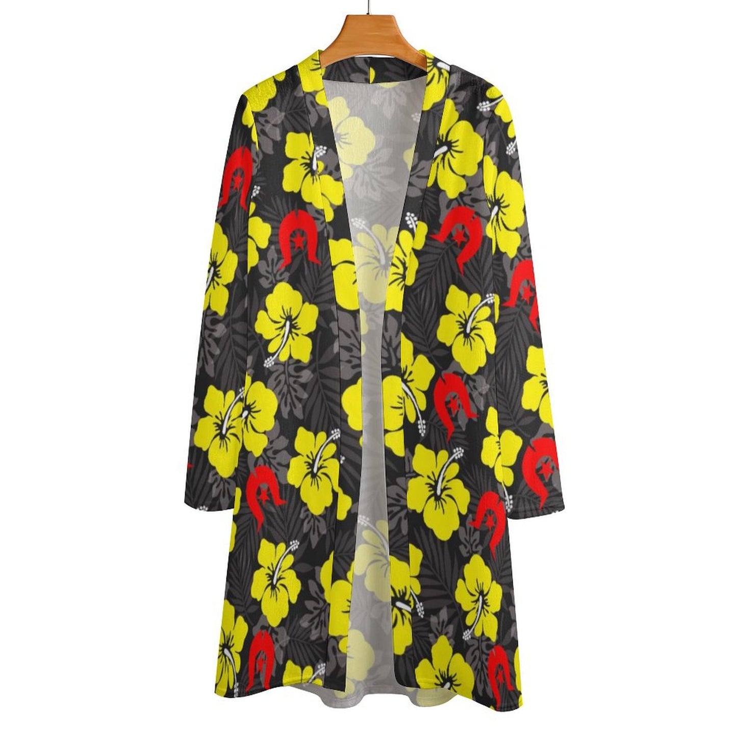 Royal yellow Hibiscus with Red Dhari on Women's Mid-length Cardigan