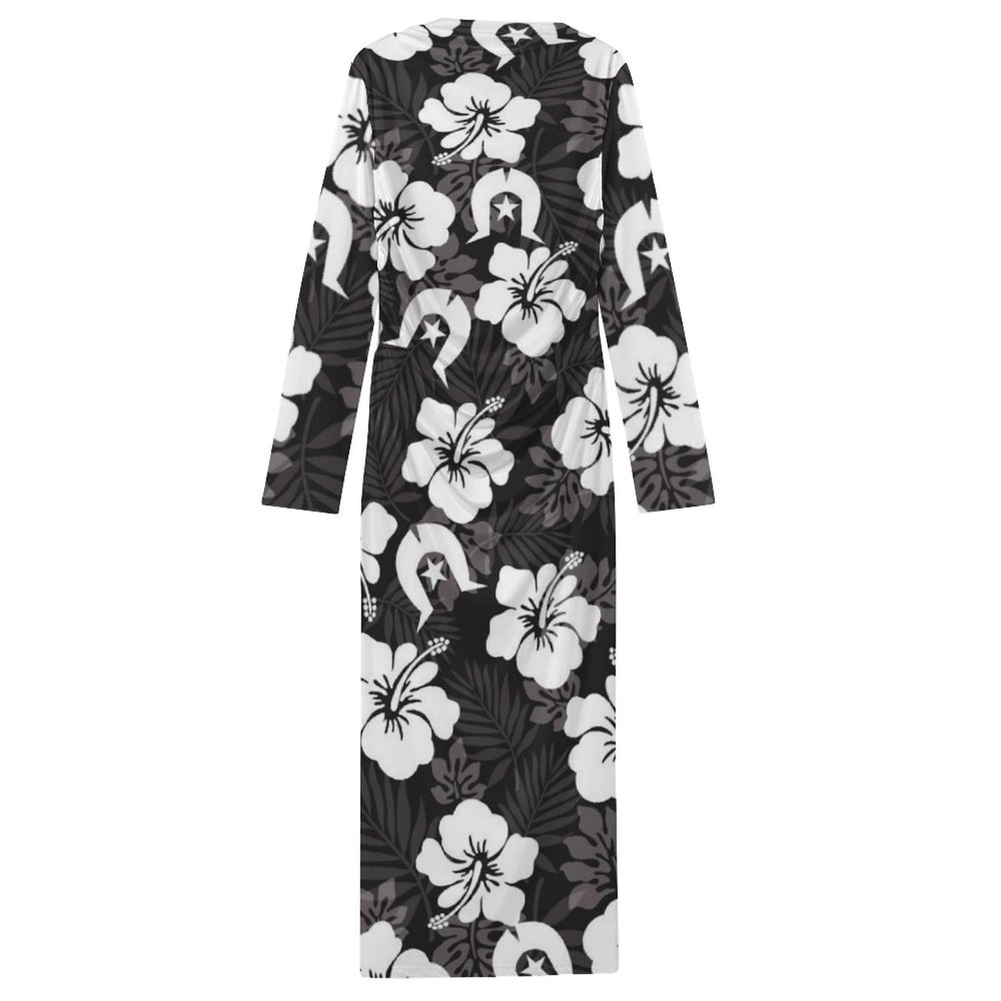 White Hibiscus and Dhari (Black) on Long-Sleeve Draped Bodycon Dress