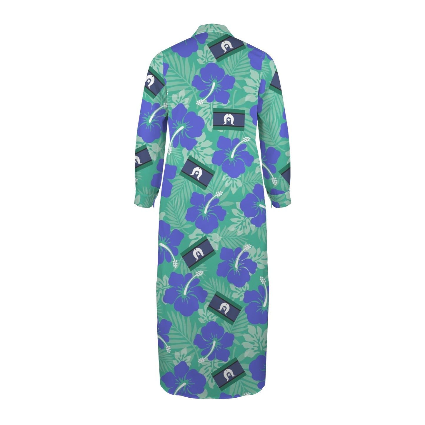 Hibiscus flowers with Torres Strait flag on Button Long Sleeve Shirt Dress
