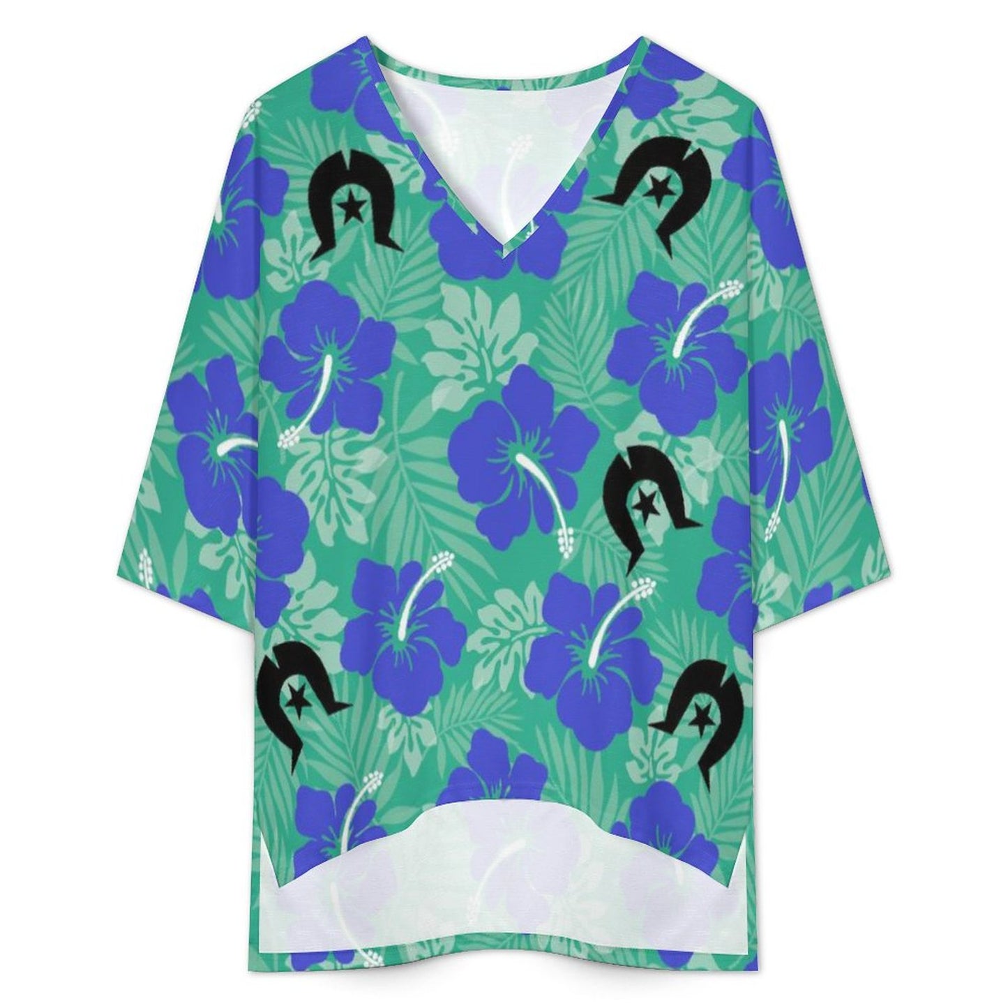 Royal Blue Hibiscus flowers with Black Dhari on  Mediterranean Style V-Neck Suit