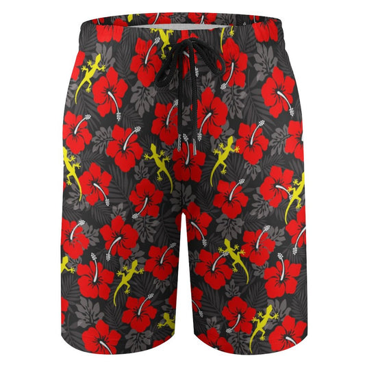 Royal Red Hibiscus flowers with Gecko on Kid's Beach Pants