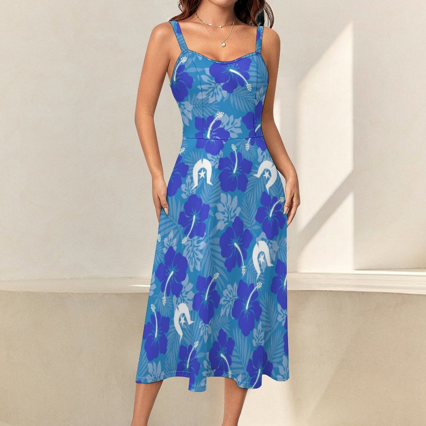 Hibiscus flowers with Dhari (Royal blue) on Midi Spaghetti Strap Dress