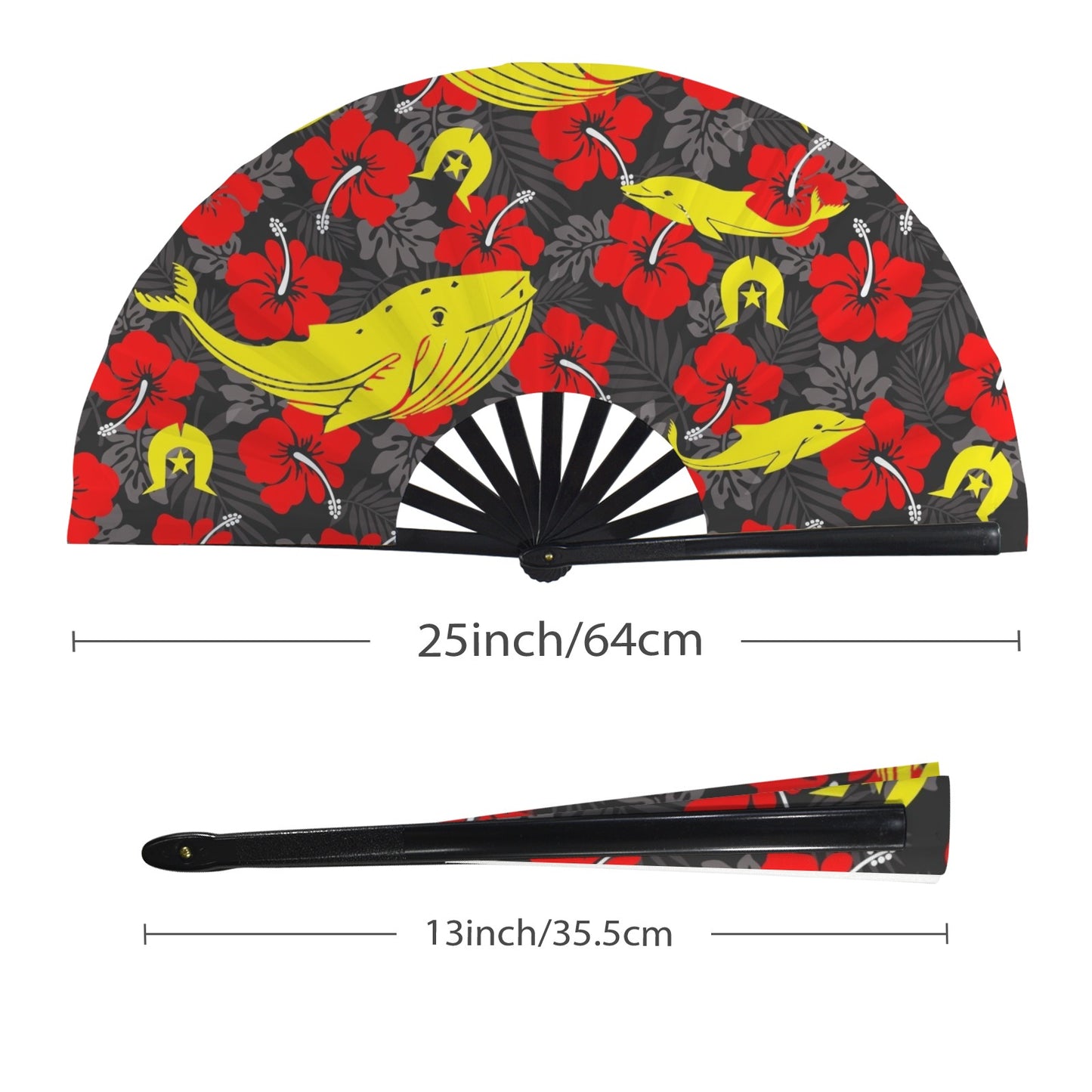 Royal Red Hibiscus with Yellow Dhari, Whale and Dolphin on  Folding Clack Fan