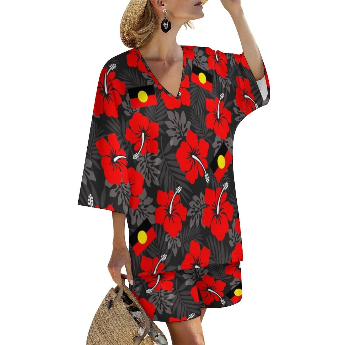 Royal Red Hibiscus flowers with Aboriginal flag on Mediterranean Style V-Neck Suit