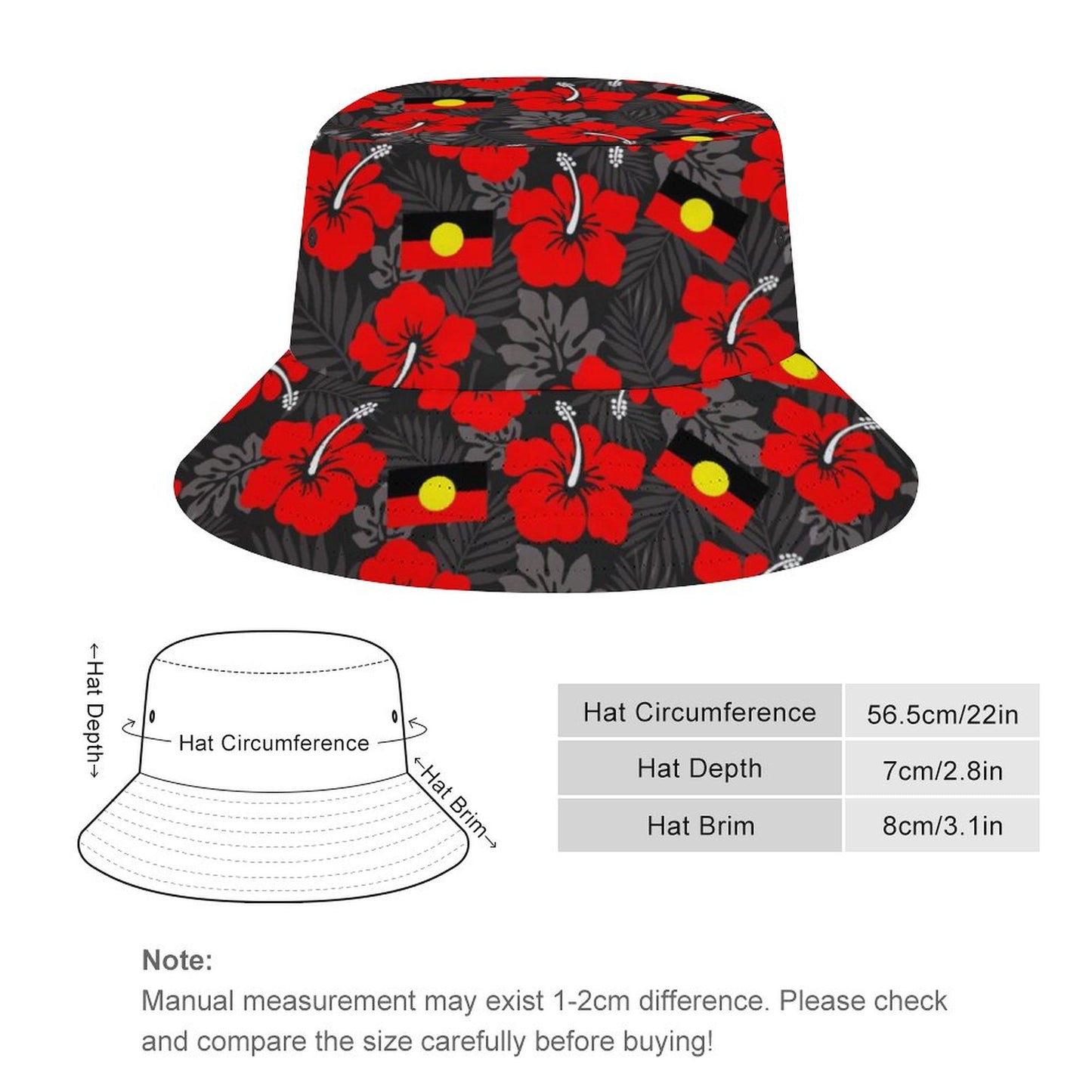 Hibiscus flowers with Aboriginal Flag on Bucket Hat