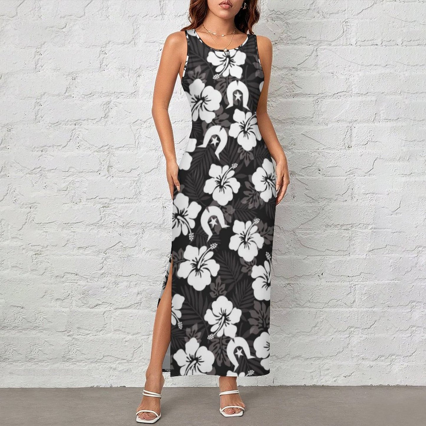 White Hibiscus and Dhari (Black) on 180gsm Slit Fitted Camisole Cheongsam