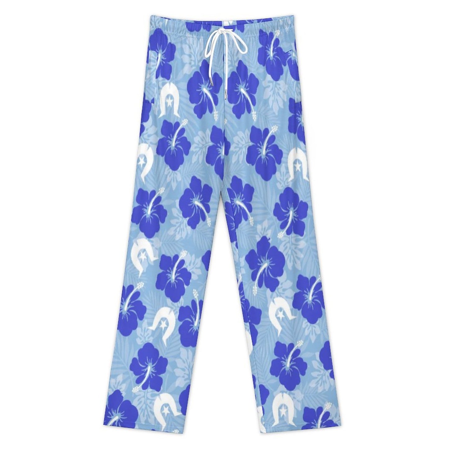 Hibiscus flowers with White Dhari (Sky blue) on Cotton Loose Loungewear Pants for Men