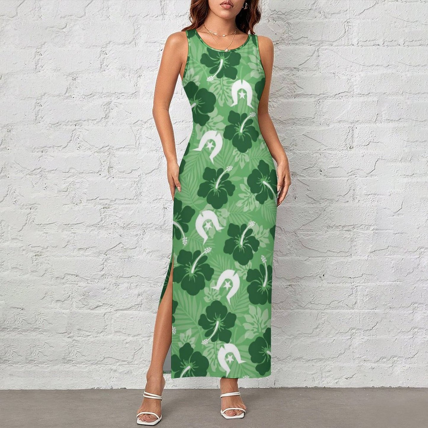 Hibiscus flowers with Dhari (Sea Grass Green) on 180gsm Slit Fitted Camisole Cheongsam