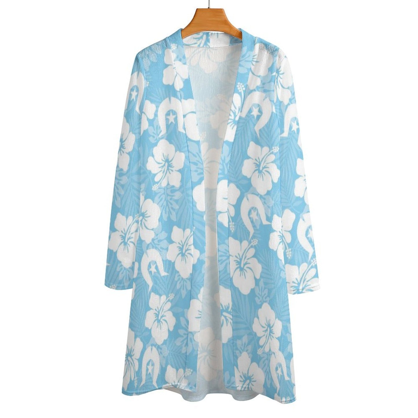 White Hibiscus and Dhari (blue) on Women's Mid-length Cardigan