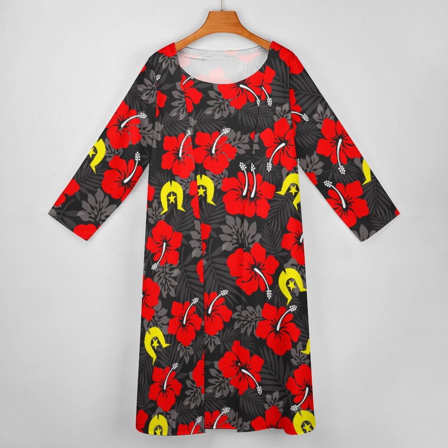 Royal Red Hibiscus with Yellow Dhari on Long Dress Set