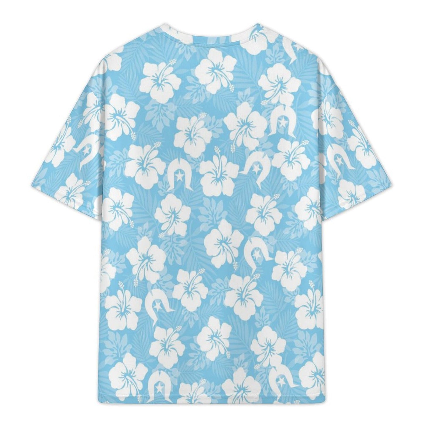 White hibiscus and Dhari (Blue) on Plus Size Drop Shoulder T-Shirt