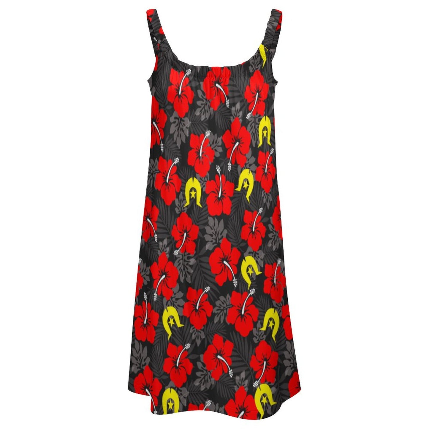 Royal Red Hibiscus with Yellow Dhari on Sleeveless Dress