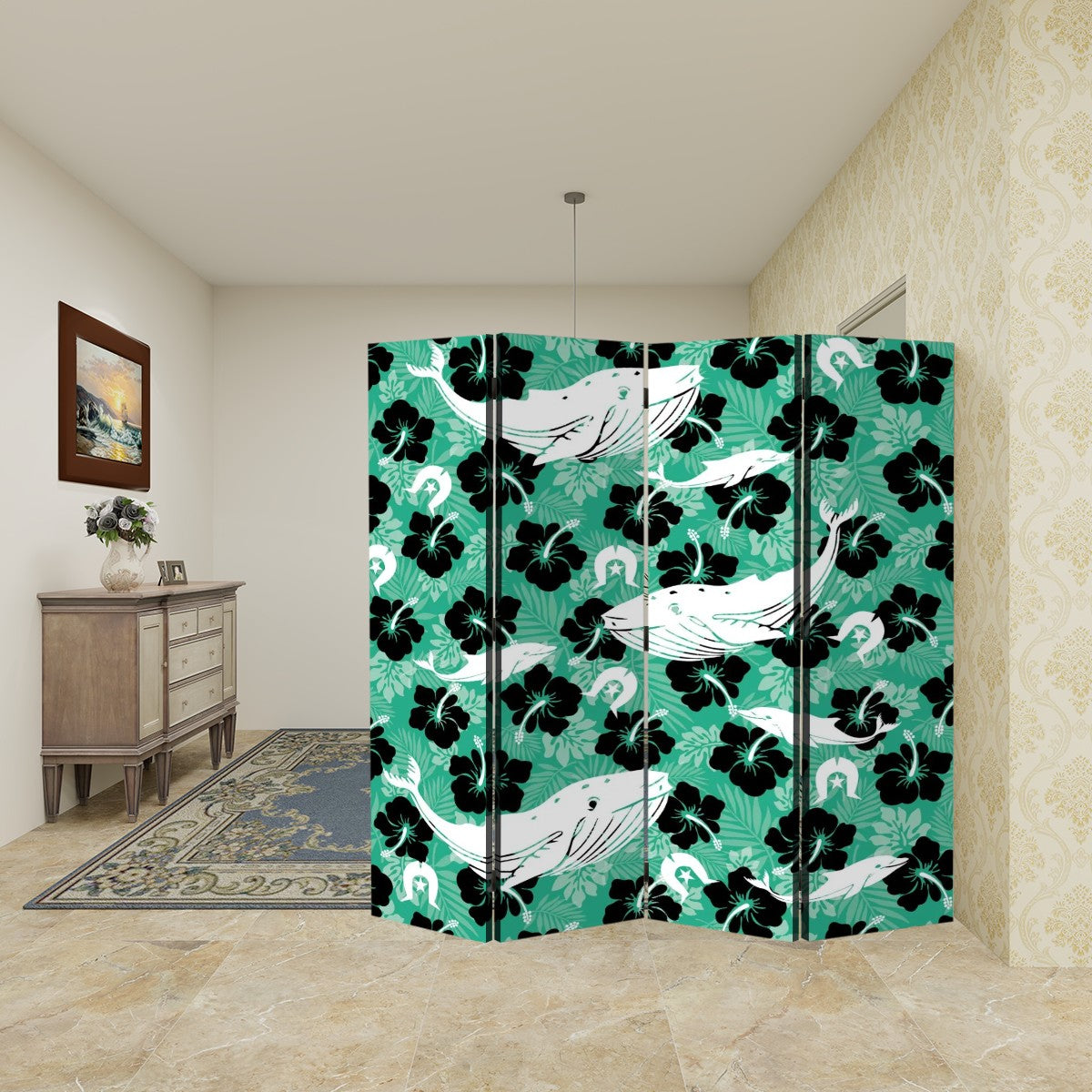Black Hibiscus with Whale, Dolphin and Dhari on Room Divider Folding Screen 4 Panel