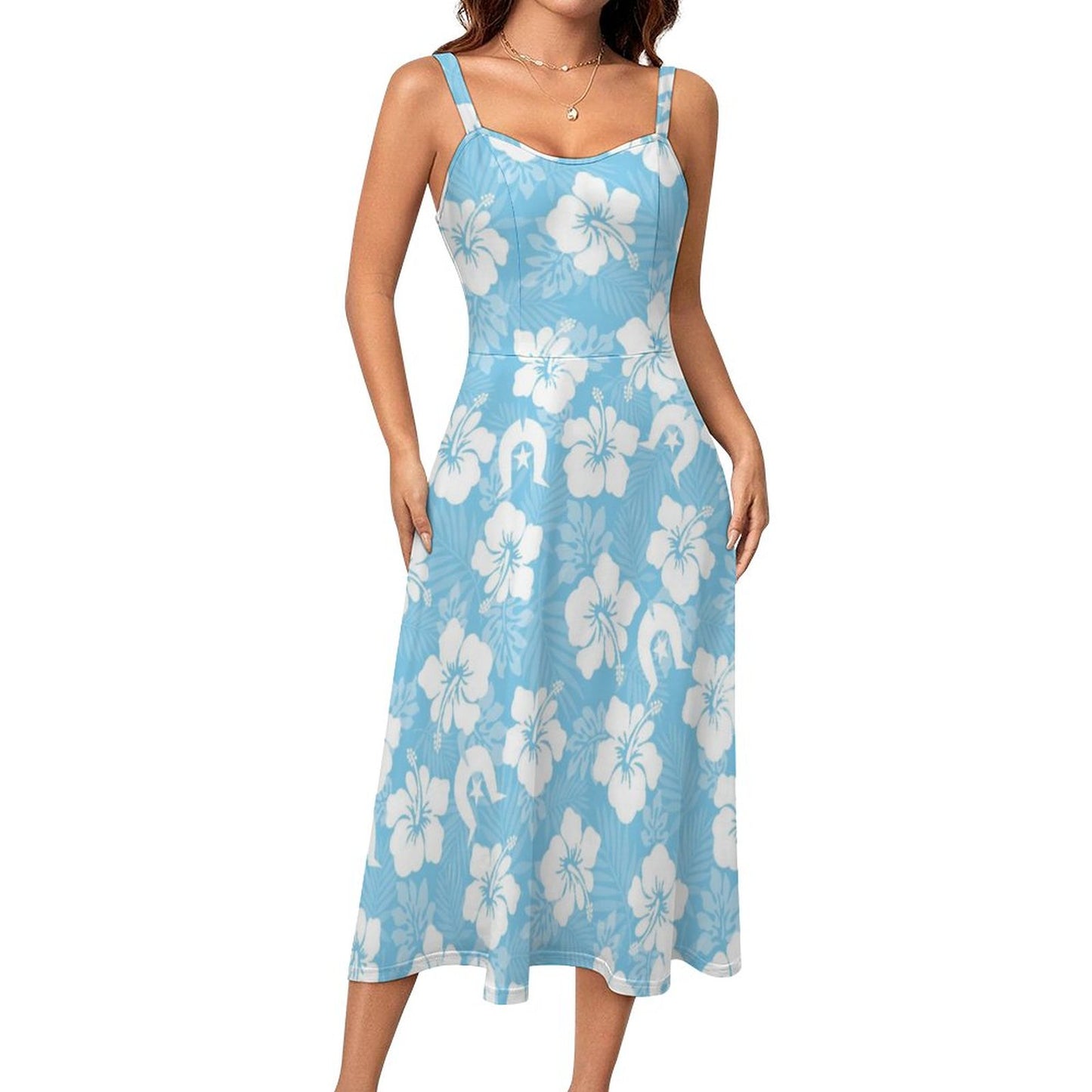 White Hibiscus and Dhari (blue) on Midi Spaghetti Strap Dress