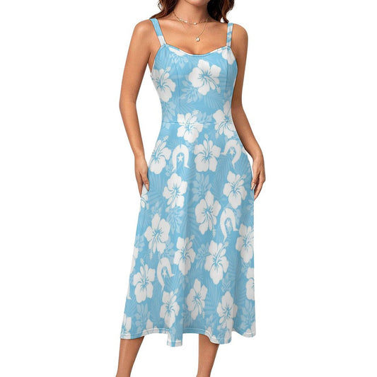 White Hibiscus and Dhari (blue) on Midi Spaghetti Strap Dress